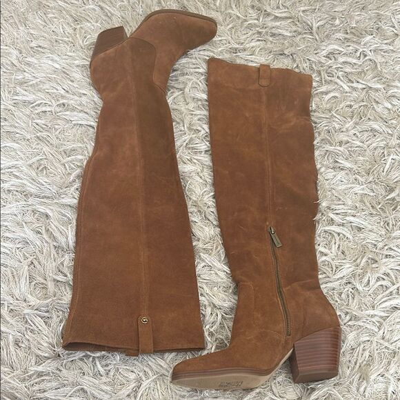 NWOB Michael Kors Harlow Brown Suede Cuban Heel Over The Knee Boots size 5.5 - Picture 5 of 13